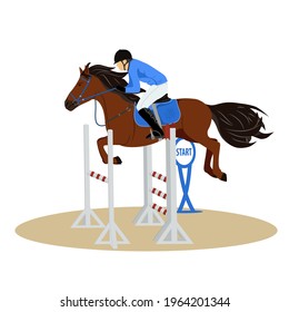 Horse with rider jumping over the barrier. Jockey on horse. Horse riding. Equestrian Sport. Isolated Vector Illustration