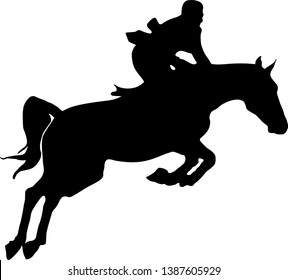 Horse and rider jumping silhouette in black isolated on white background