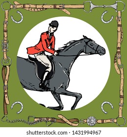 Horse rider in leather belt frame with bit, horseshoe. Equestrian sport fox hunting horseman in red jacket. England derby hand drawn steeplechase tradition style vector equine background 