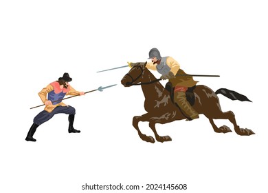 Horse Rider Man Clash With Halberd Man Conquistador Cartoon Retro Style Vector Illustration