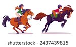 Horse rider man and woman in equipment. Cartoon vector illustration set of male and female character in helmet and uniforms ride on horseback. Equestrian school and racehorse training concept.