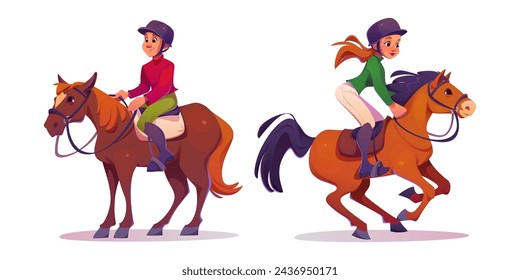 Horse rider man and woman in equipment. Cartoon vector illustration set of male and female character in helmet and uniforms ride on horseback. Equestrian school and racehorse training concept.