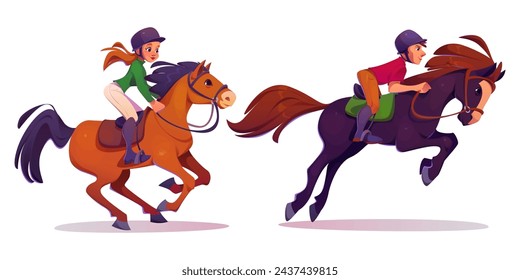 Caballo jinete hombre y mujer en equipo. Conjunto de ilustración vectorial de dibujos animados de personaje masculino y femenino en casco y uniformes montados a caballo. Escuela ecuestre y concepto de entrenamiento de caballos de carreras.