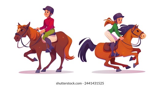 Caballo jinete hombre y mujer en equipo. Conjunto de ilustración vectorial de dibujos animados de personaje masculino y femenino en casco y uniformes montados a caballo. Escuela ecuestre y concepto de entrenamiento de caballos de carreras.