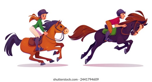 Horse rider man and woman in equipment. Cartoon vector illustration set of male and female character in helmet and uniforms ride on horseback. Equestrian school and racehorse training concept.