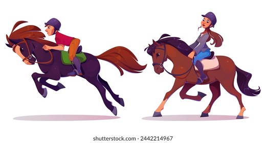 Horse rider man and woman in equipment. Cartoon vector illustration set of male and female character in helmet and uniforms ride on horseback. Equestrian school and racehorse training concept.