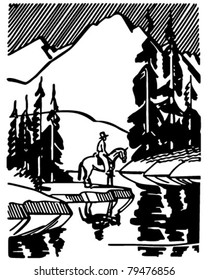 Horse Rider At Mountain Lake - Retro Clipart Illustration