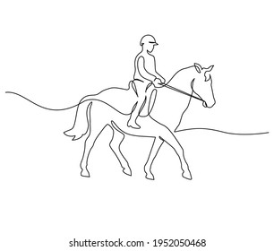 Caballo y jinete con el logo de la equitación. Dibujo continuo de una línea. Ilustración vectorial en blanco y negro. Concepto de logotipo, tarjeta, pancarta, afiche, volante