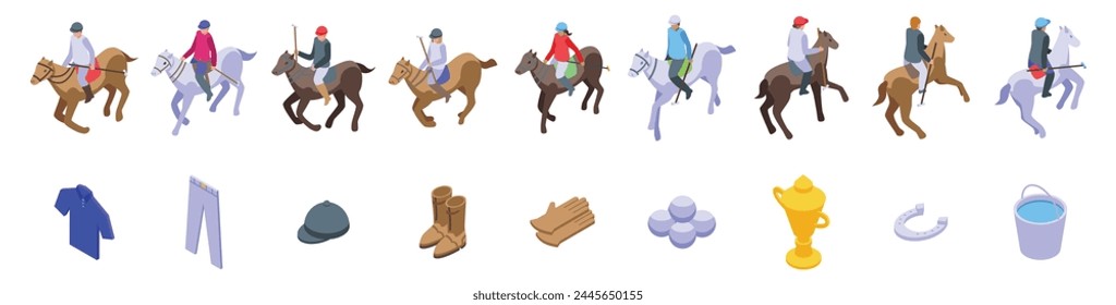 Horse rider playing polos game icons set isometric vector. Stick mallet. Team match