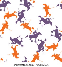 Horse rider of polo game. Vector horseman and horse background. wallpaper with polo horse, jockey and mallet. polo sport seamless pattern