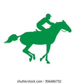 Horse and rider. Racing horse and jockey silhouette. Equestrian sport. Silhouette of racing horse with jockey on isolated background. Derby vector icon. Horse race