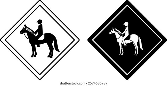 Horse Rider Road Signs. Black and White Vector Icons. Road Sign Warning about Crossing the Road Race Horse with Jockey. Sticker