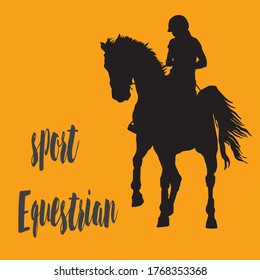 Horse rider silhouette,  equestrian sport, isolated black silhouette on a orange background,