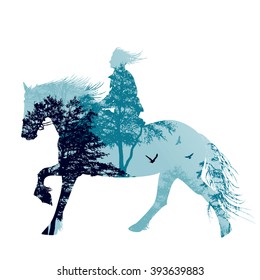 A horse rider silhouette with landscape, vector illustration