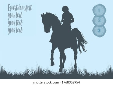 Horse rider silhouette, premium rosettes, equestrian sport, isolated black silhouette on a blue background, space for your text, banner, postcard