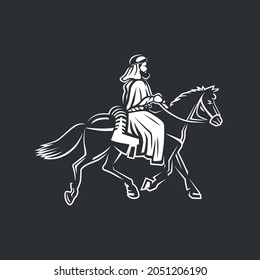 Horse rider. Traveler. A wanderer in ancient times. Illustration on white background.