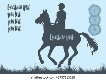 Horse rider vector silhouette. EPS 10. premium rosettes, children's equestrian sport, isolated black silhouette on a blue background, space for your text, banner, postcard