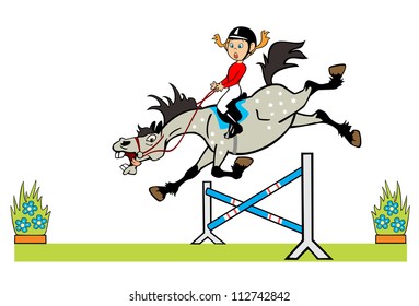 horse rider,girl with pony jumping a hurdle,vector cartoon image,children illustration isolated on white background,equestrian sport