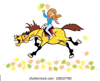 horse rider,girl with running pony,cartoon vector picture isolated on white background,children illustration,autumn season