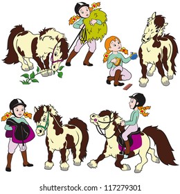 horse rider,little girl with pony,equestrian sport,set of cartoon vector images isolated on white background,children illustration