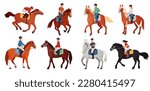 Horse riders. Cavaliers horseback, man rider or female equestrian sitting on thoroughbred horses and racehorses, horseman bridle pony horseriding pose vector illustration of cavalier horse equestrian