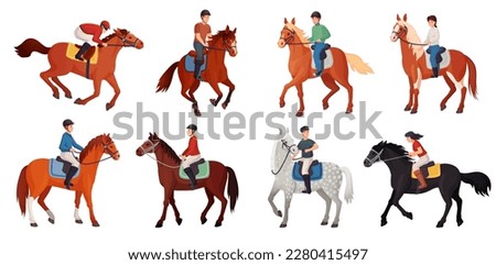 Horse riders. Cavaliers horseback, man rider or female equestrian sitting on thoroughbred horses and racehorses, horseman bridle pony horseriding pose vector illustration of cavalier horse equestrian Imagine de stoc © 