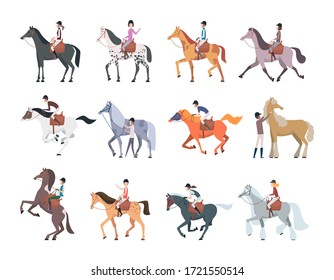 Horse riders. Equestrian sport people sitting walking on strong domestic horses and pony persons breeds racing animals vector