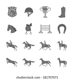 Horse with riders flat icons set of cup barrier saddle and horseshoe isolated vector illustration