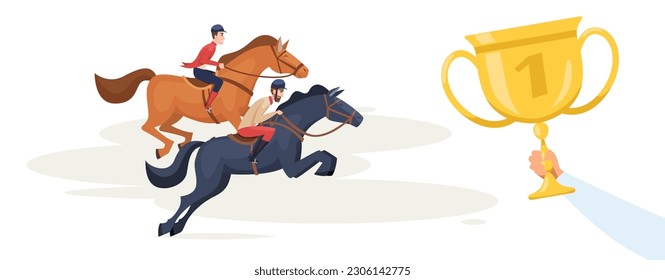 Horse riders. sport equestrian characters moving to golden achievement. Vector concept background in cartoon style