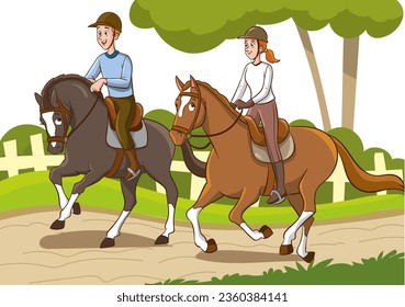 Caballos. Ilustración vectorial de un grupo de jóvenes montando caballos.