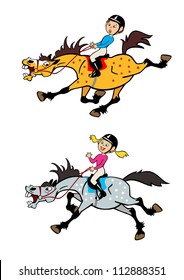 horse riders,cartoon  boy and girl riding ponies,equestrian sport,children illustration,vector pictures isolated on white background,trotting and galloping horse