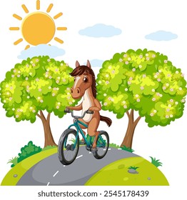 A horse rides a bicycle on a sunny day