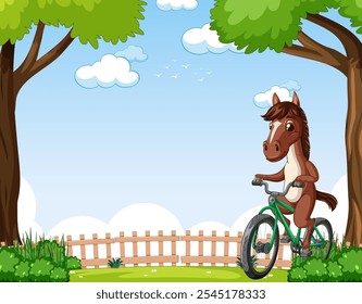 A horse rides a bicycle in a park