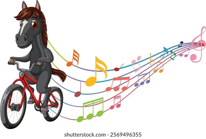 A horse rides a bike with colorful music notes