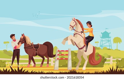 Horse riding background with sport and jockey symbols flat vector illustration