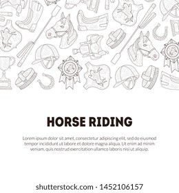 Horse Riding Banner Template with Place for Text and Horseback Equipment, Horse School Riding Lessons, Equestrian Club, Monochrome Hand Drawn Vector Illustration