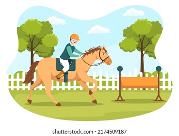 Horse Riding Cartoon Illustration with Cute People Character Practicing Horseback Ride or Equestrianism Sports in the Green Field