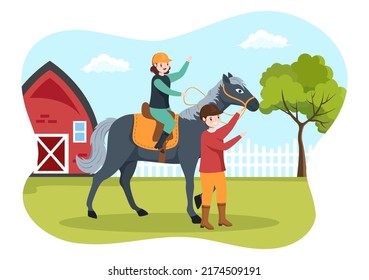 Horse Riding Cartoon Illustration with Cute People Character Practicing Horseback Ride or Equestrianism Sports in the Green Field