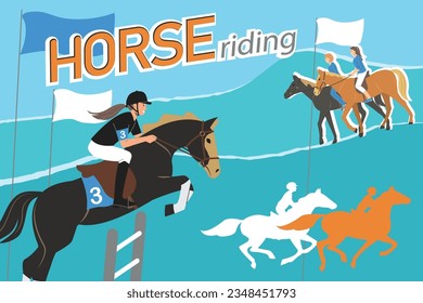 Horse riding collage with female equestrians and flags on color background flat vector illustration