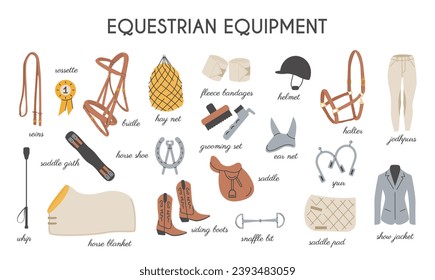 Horse riding colored flat icons vector set. Equestrian equipment illustrations in trendy modern hand drawn style. Equine sports signs. Dressage, show jumps elements. Horse stable tools. 