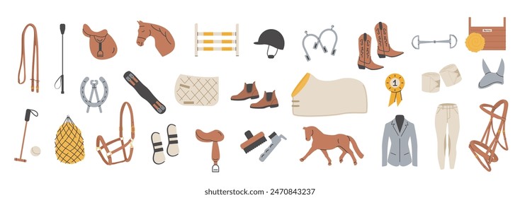 Reiten farbige flache Icons Vektorgrafik Set. Reitausrüstung Illustrationen im trendigen modernen handgezeichneten Stil. Pferdesportschilder. Dressur, Sprünge zeigen Elemente. Pferdestall. 