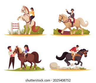 Horse riding design set with sport and training symbols flat isolated vector illustration