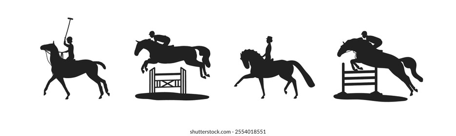 Horse riding and dressage set. Equestrian sport figures training. Horseback riders jumping over obstacles, performing extended trot, polo. Flat vector illustration isolated on white background