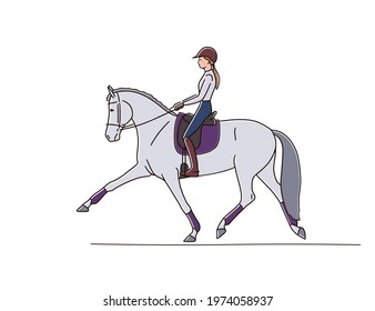 Horse riding dressage vector illustration. Equestrian rider trotting horse
