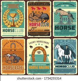 Horse riding and equestrian sport hippodrome vintage posters. Vector equestrian ride elite jockey school. Horseback riding sport retro cards with lucky horseshoe, golden cup, saddle