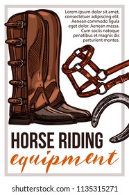Horse riding equipment shop vector hand drawn poster. Sketch illustration
