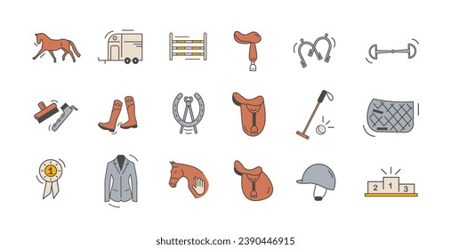 Horse Riding Essentials Flat Colored Icon Set. Vector Illustration of Equestrian Gear, Equipment and Activities in Minimal Outline Style.