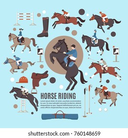 Horse riding flat composition with jockeys, polo players, gear, sport equipment on blue background isolated vector illustration