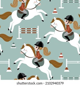 Horse riding girl and equipment seamless vector pattern. Perfect for textile, wallpaper or print design.