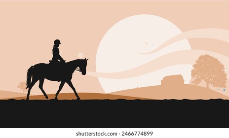 Horse riding, girl riding a horse on the background of a rural landscape - banner, vector illustration